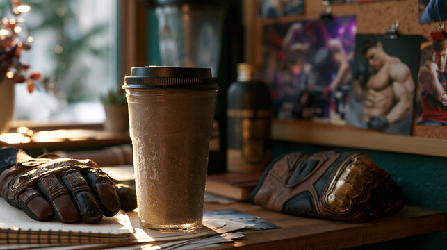 Protein shake blender, gym gloves, and progress photos clipped to a corkboard in a modest home gym corner, body recomposition training progress visualization, warm morning light, perfect for home gy