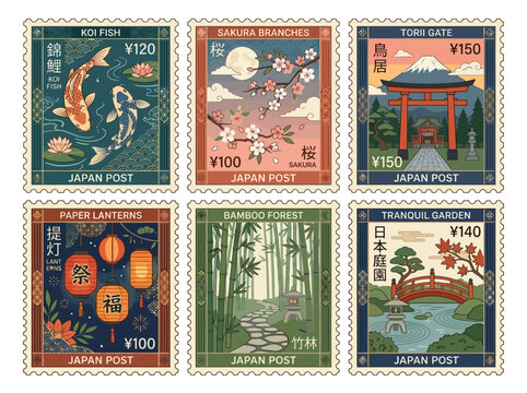 Collection of Japanese postage stamps featuring iconic imagery of koi fish, cherry blossoms, torii gate, paper lanterns, bamboo forest, and tranquil garden scenes