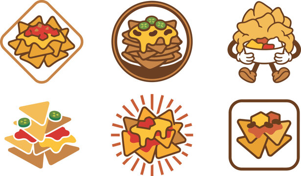 Cartoon nachos with cheese and jalapeno peppers icons set