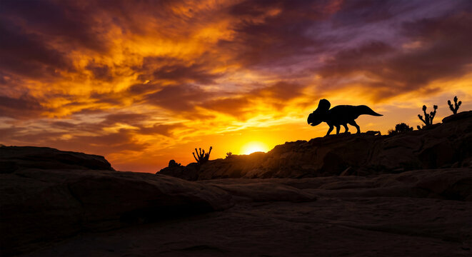 A dramatic silhouette of a Protoceratops standing on a distant ridgeline against a fiery golden and purple sunset. 