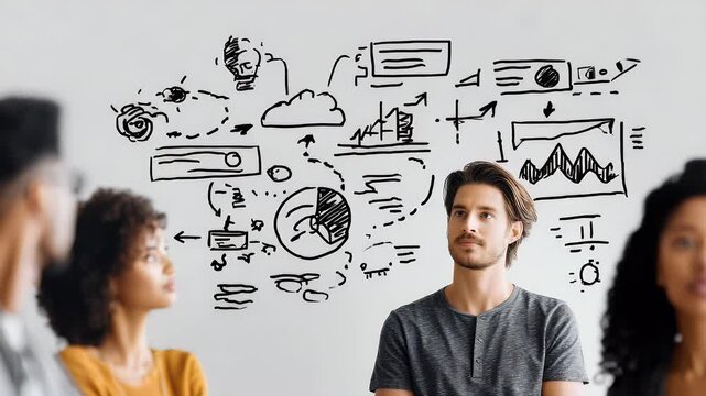 Group of people studying a diagram on a whiteboard