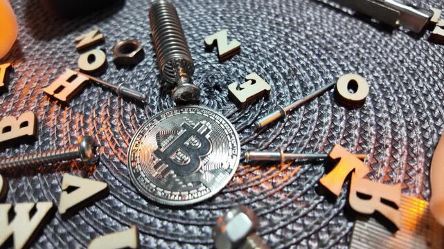 Bitcoin coin with wooden letters and hardware on textured surface