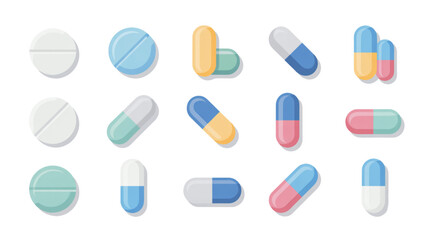 Colorful assortment of cartoon pills and capsules scattered on a clean background Vector © MD siddik