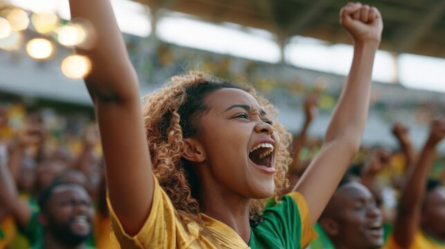 Excited young woman cheering with raised arms and open mouth in a lively outdoor crowd during a sporting event on a sunny day