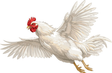 Detailed graphic of a white chicken flying with spread wings, isolated on a white background © Moksedul