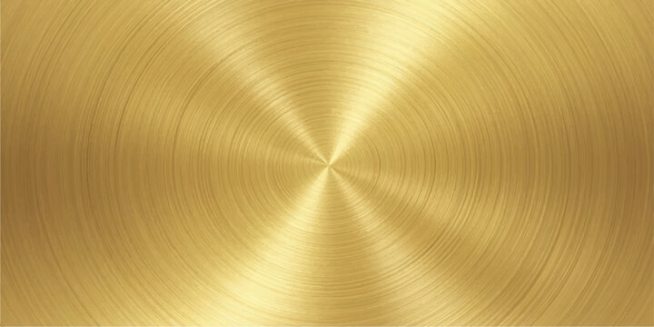 Shiny brushed gold and silver metallic texture backgrounds with a circular industrial stainless steel pattern on a round aluminum disc plate surface
