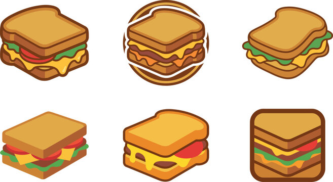 Cartoon style illustrations of different types of sandwiches on white background