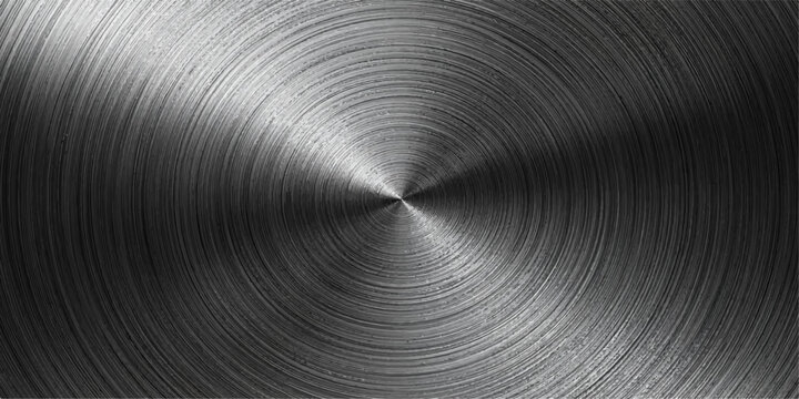 An abstract pattern of circular brushed metal texture on a shiny round aluminum plate, resembling a stainless steel surface or a silver vinyl music record with industrial grey light backgrounds