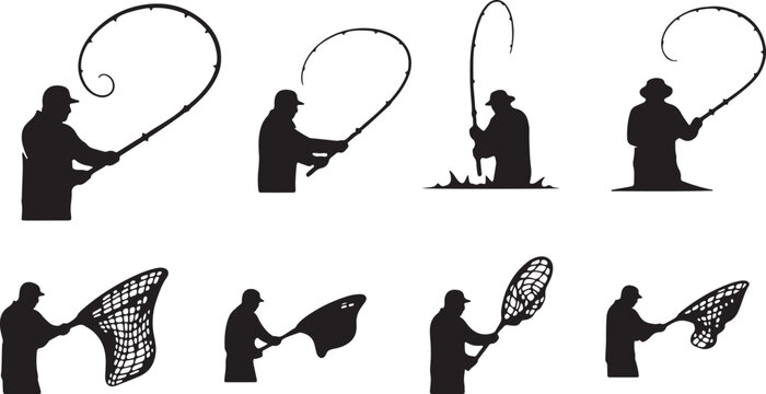Fisherman vector silhouette set of man fishing with rod and net in different poses 