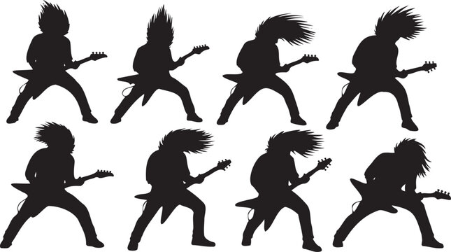 Rocker vector silhouette set of man playing guitar with long hair