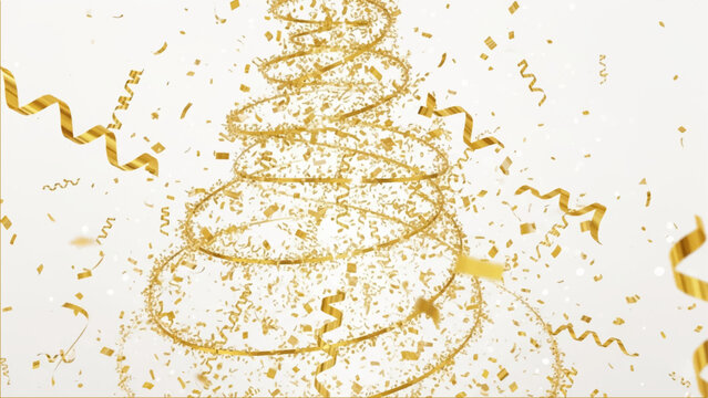 Abstract golden christmas tree shape formed by swirling ribbons and falling confetti particles on a white background