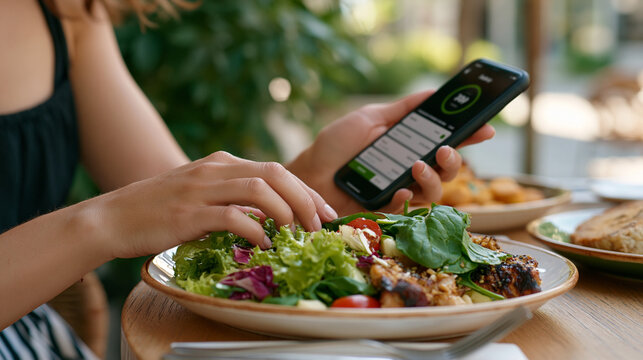 Close up hands typing a meal into a calorie counting app while seated at an outdoor caf&eacute; table, summer foliage blurred behind, digital nutrition habit in real daily life, perfect for nutrition apps,