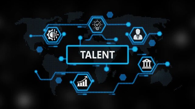 Talent Return on investment financial growth concept. Business, Technology, Internet and network concept. ,Abstract technology symbols on world background. 4k video