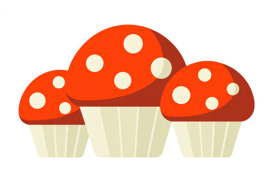Cute red toadstool mushroom illustration with white dots on cupcake base flat design