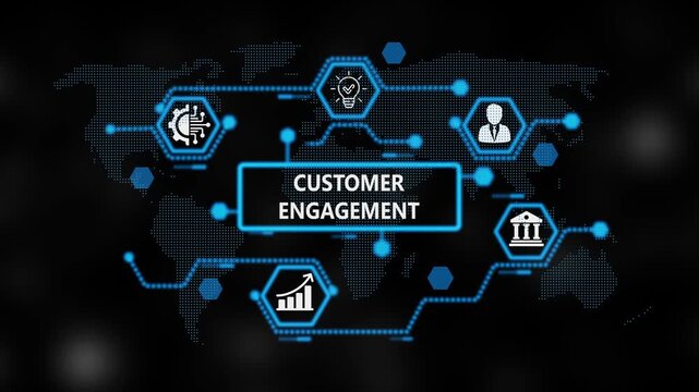 Customer Engagement Return on investment financial growth concept. Business, Technology, Internet and network concept. ,Abstract technology symbols on world background. 4k video