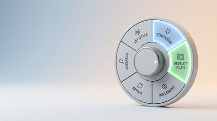 Naklejka premium Decision dial with selectable sections showing strategize and develop plan highlighted, business process concept with soft gradient background