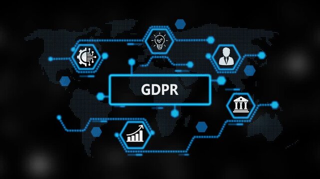 GDPR Return on investment financial growth concept. Business, Technology, Internet and network concept. ,Abstract technology symbols on world background. 4k video