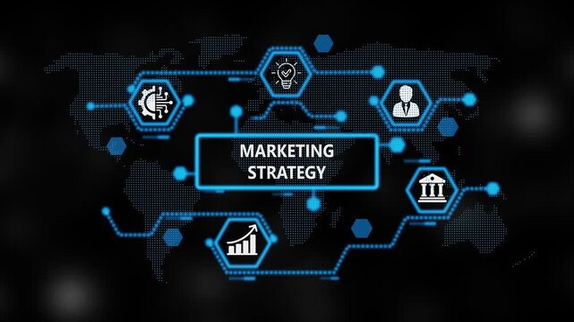 Marketing Strategy Return on investment financial growth concept. Business, Technology, Internet and network concept. ,Abstract technology symbols on world background. 4k video