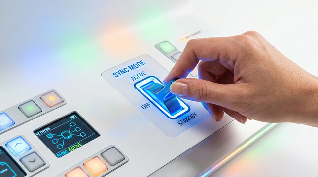 Hand toggling switch on control panel with illuminated buttons and digital display showing network sync active, technology and operation concept with modern interface and glowing indicators