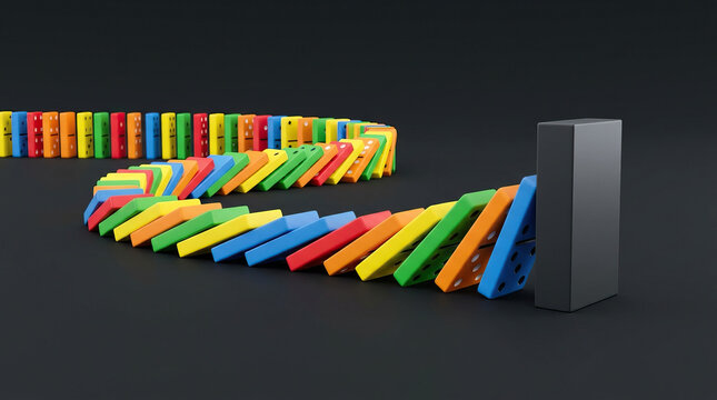 Domino chain stopped by single black blocker piece on dark background, colorful domino tiles arranged in curved line, symbolizing interruption and control