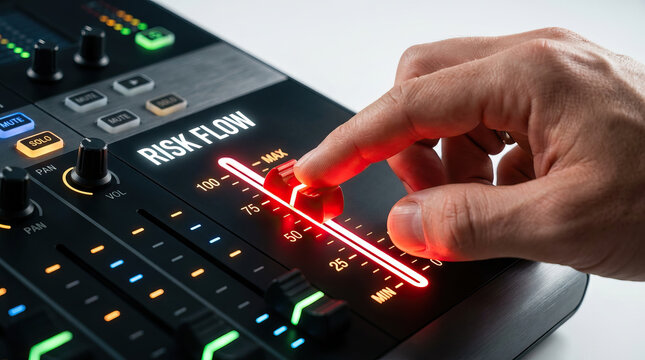 Risk flow control knob being adjusted on modern audio mixing console with illuminated indicators and buttons, showing close up of hand sliding dial with precision and focus