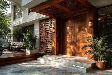 Fototapeta premium Minimalist Oak Wood Exterior House Facade high resolution picture