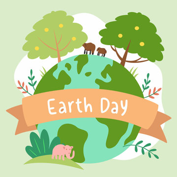 Earth day illustration with animals trees plants planet earth flat design hand drawn save the planet elephant environment conservation illustration background minimalist decoration
