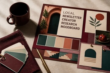 Naklejka premium Creative branding moodboard with color swatches and editorial layout for newsletter design research and presentation planning
