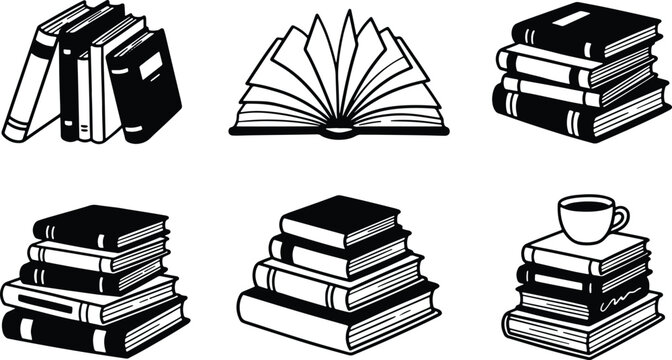 Vintage book collection featuring stacked literature volumes and open reading illustration elements