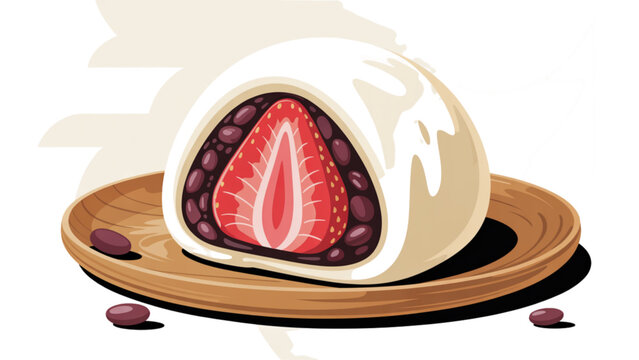 Delicious strawberry cheesecake slice on wooden plate with crumbly crust Vector
