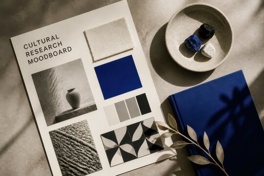 Cultural research moodboard with color swatches paper samples and styled objects for creative branding concepts