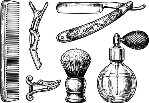 Vintage classic barber tools collection featuring razor comb brush and perfume spray illustrations