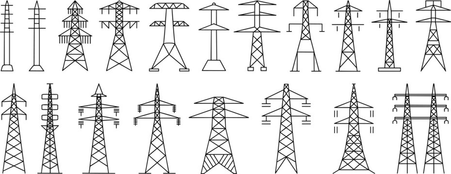 Variety of black outline electricity pylons and utility poles on white background Keywords: electricity pylon, utility pole, power