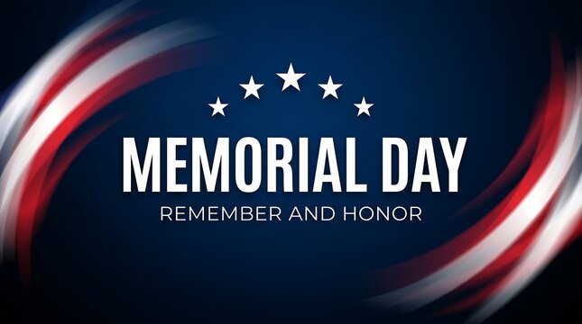 Memorial day background with american flag colors, abstract red, white and blue wavy lines, and five stars, banner design