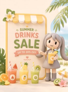 Cute pastel 3D character promoting summer drinks sale with tropical smoothies