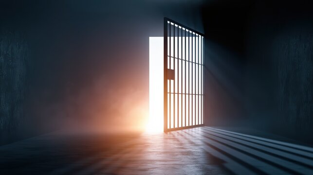 Freedom Concept with Open Jail Cell Door and Bright Light