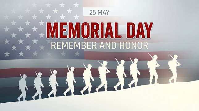 Memorial day background with american flag and silhouette of soldiers marching