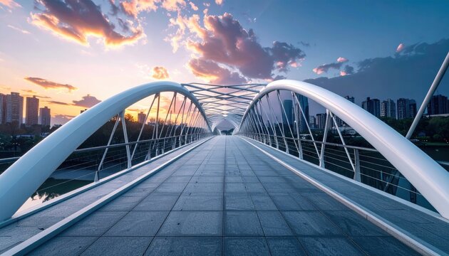 Modern Arch Bridge Stretching Towards City Skyline Under Dramatic Sunset Sky