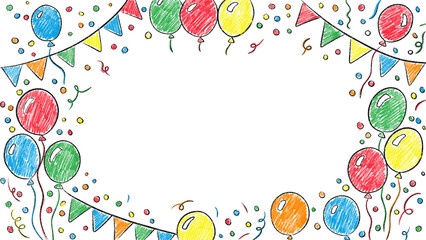 Hand-Drawn Festive Birthday Frame with Colorful Balloons and Confetti on Transparent Background. A crayon or chalk style. For birthday invitations, celebration posters, or holiday greeting cards. © Iryna