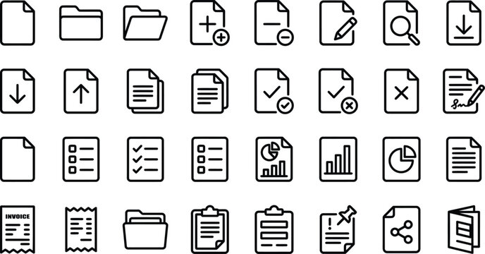 Set of line style documents files paperwork checklist and reports icons vector illustration for business management system interface design isolated on transparent background.