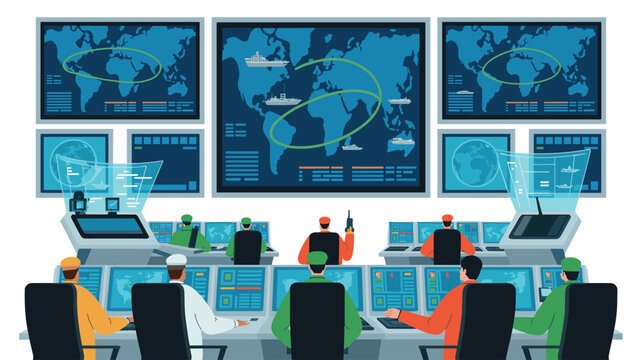 Military personnel operate multiple computer monitors displaying global maps with ship icons in a modern high-tech surveillance command center with a cool color palette.