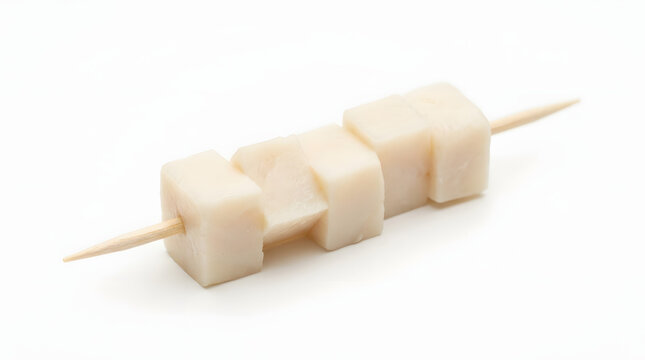 Cubes of traditional Icelandic fermented shark meat on a toothpick, isolated on a pure white background