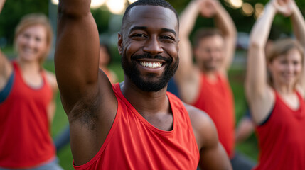 Obraz premium Friends in matching fitness challenge tank tops stretching together in dewy morning grass, diverse group, early summer mist, communal warmth before a group workout, perfect for fitness challenge gro