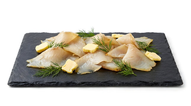 Slices of cold-smoked Icelandic haddock served with butter and dill on a white background