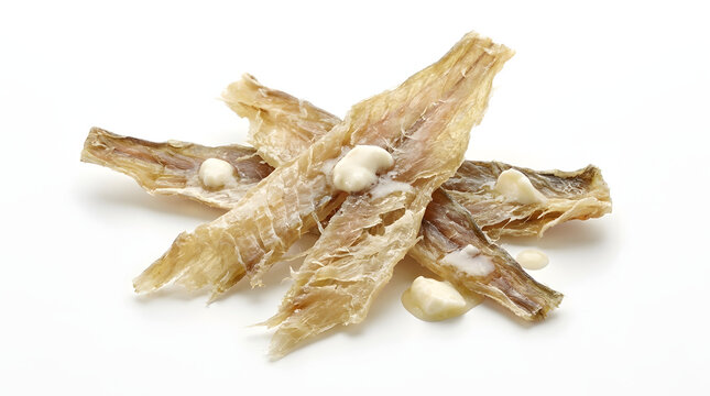 Pieces of traditional Icelandic wind-dried fish jerky served with salted butter, isolated on a white background