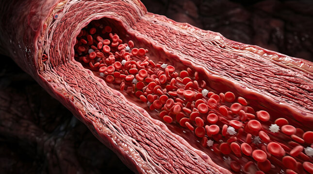 Blood vessel artery cross section red blood cell white blood cell circulatory system human anatomy medical illustration vascular tissue blood flow biological structure cardiovascular microscopic