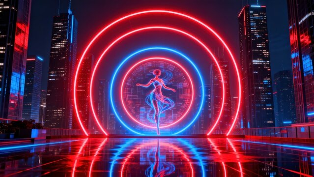 Futuristic neon city with dancing figure