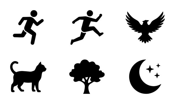 Running Man Icons, Eagle Silhouette, Cat, Tree, Moon and Stars Vector Graphics Set