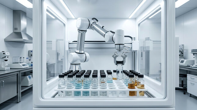 Automated laboratory robot arm handling glass vials with chemical liquids in clean hazardous waste laboratory environment, showcasing advanced technology and precision