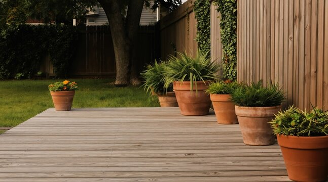 Outdoor wooden deck with potted green plants and flowers. Backyard patio area with grass lawn and fence. Peaceful garden space for relaxation and outdoor living.